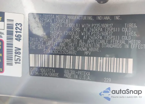 2012 Toyota Sienna Le V6 8 Passenger z USA, uszkodzony, nr VIN 5TDKK3DC2CS258692